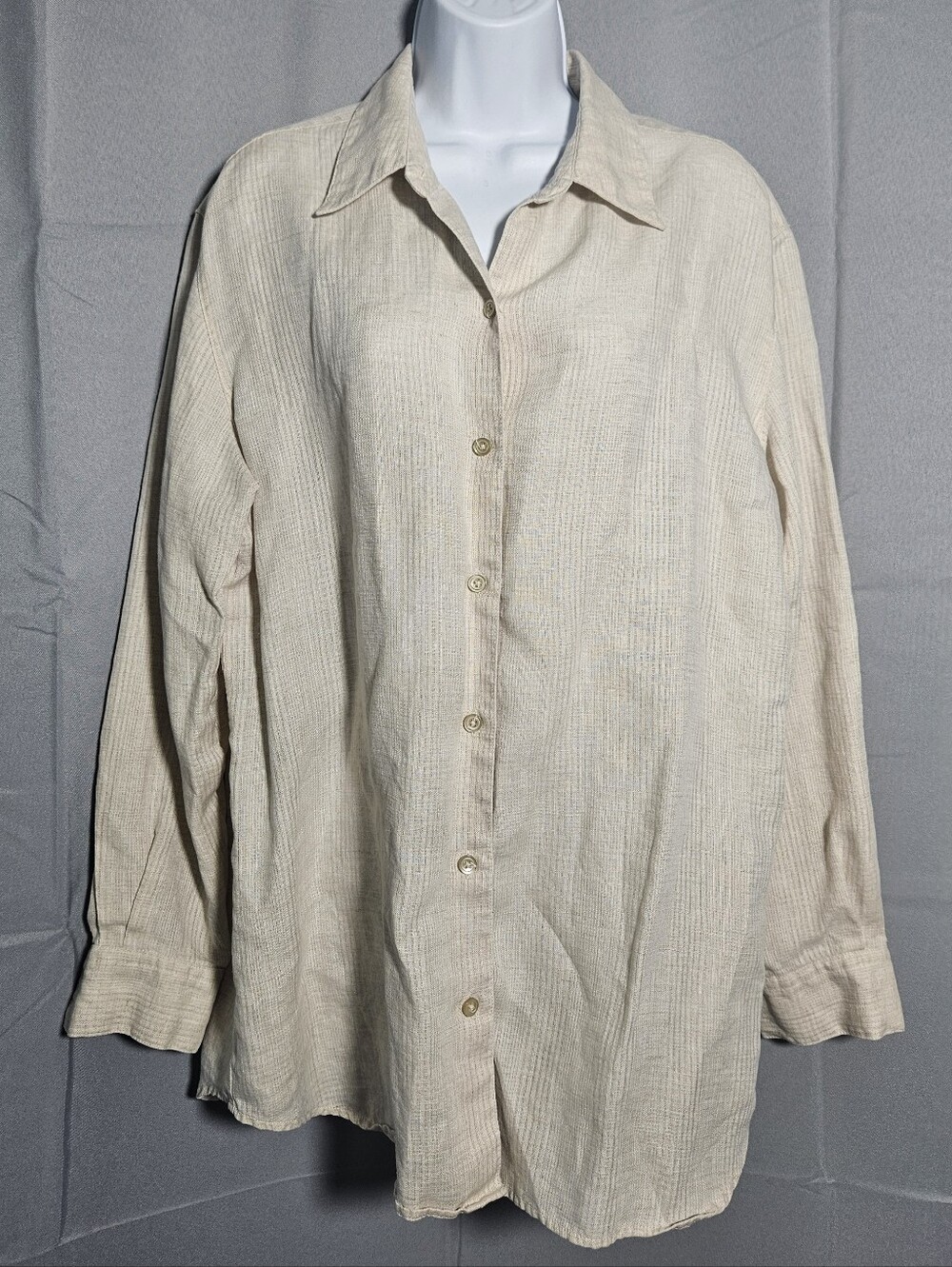 Liz Sport Vintage Minimalist Lagenlook Irish Linen Button Down Tan Blouse Sz Lg